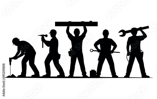 A group of construction workers in various poses with tools on a white background