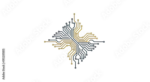 A symmetrical circuit board graphic with gold and dark blue pathways on white
