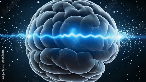 Glowing human brain displaying electrical impulses across dark cosmic nebula background