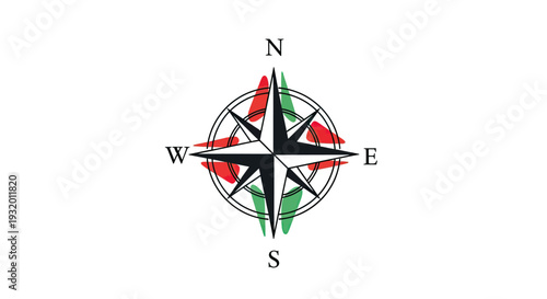 Black and white compass rose with red and green accents
