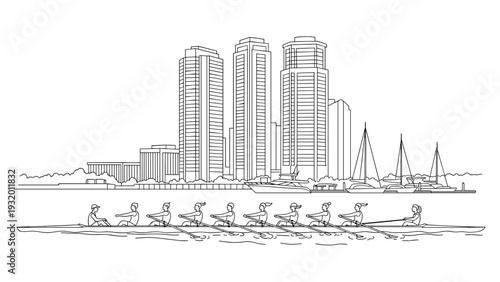 Urban waterfront rowing team in linear style with city skyline and boats