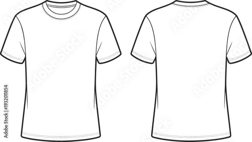 Blank white t shirt front and back view outline template, short sleeve crew neck apparel mockup cad drawing