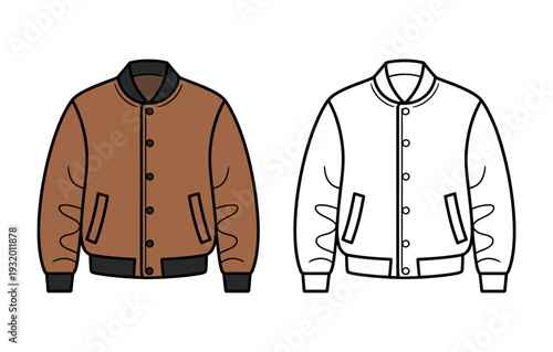 A brown and a black and white illustration of a varsity jacket on a white background