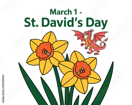 A colorful illustration of daffodils and a dragon to celebrate St. David's Day on March 1st
