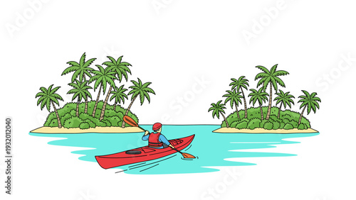 Adventurous kayaker paddling between tropical islands with palm trees