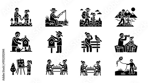 Father and child outdoor activities set in silhouette style