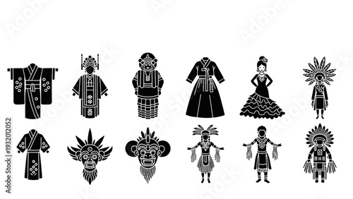 Traditional costume silhouette collection featuring global cultural attire