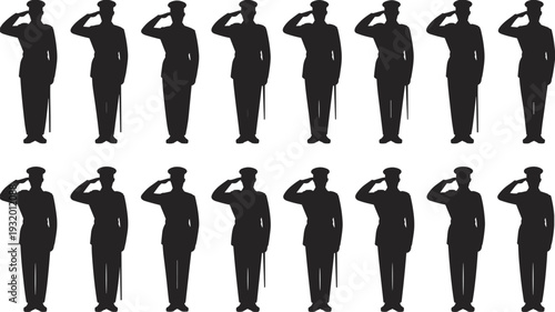 Military officer salute silhouette set, army soldier standing in uniform isolated on white background flat vector illustration collection