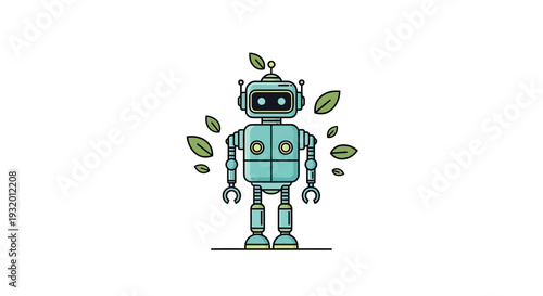 A turquoise robot, with leaves, standing on a line against a white background