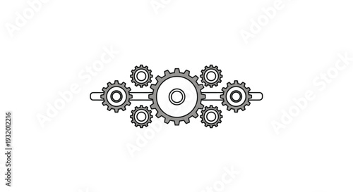 Illustration of a gear mechanism with interconnected gears arranged on a white background