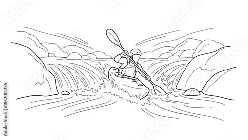 Adventure kayaking in rapids: dynamic line art scene of extreme watersport