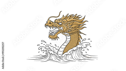 Serpentine dragon escaping waves with fierce expression serenity
