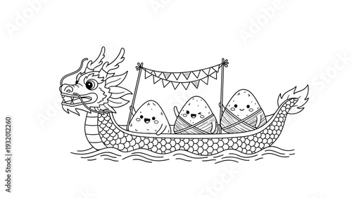 Cute dragon boat with dumplings for a whimsical festival celebration