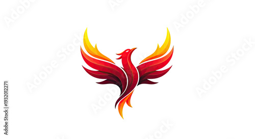 A stylized phoenix illustration with wings spread wide, showcasing vibrant red and yellow hues