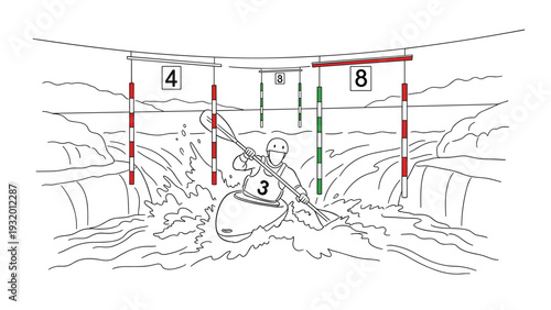 Monochrome kayaker navigates rapids in competitive water sports scene