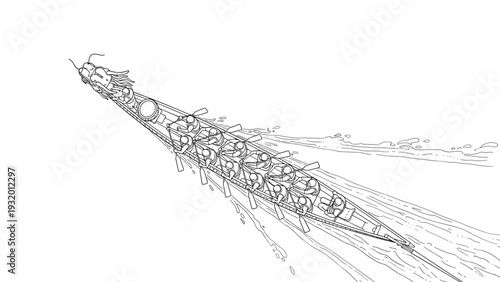 Dynamic dragon boat racing team in motion outline art