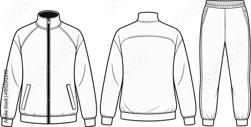 Tracksuit jacket and pants front and back view outline template, sportswear apparel mockup cad drawing flat vector