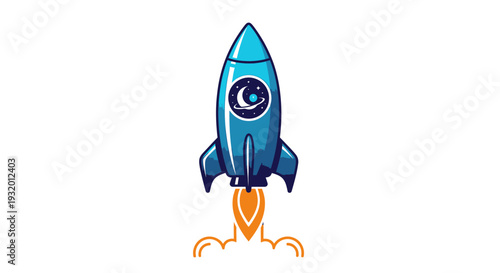 A blue rocket ship with a space-themed emblem is taking off, orange flames beneath