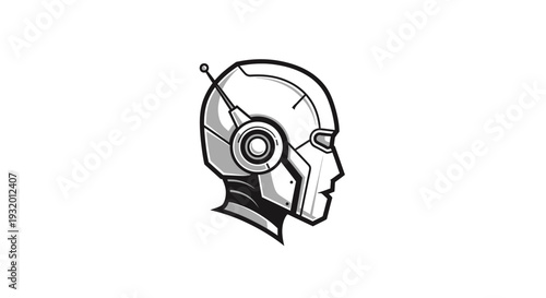 A grayscale illustration of a futuristic robot head with antenna, rendered in graphic style