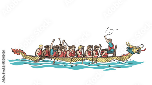 Dragon boat racing: team paddling in a vibrant traditional event