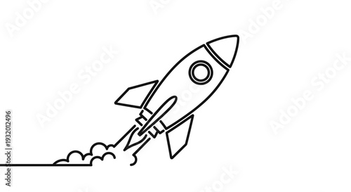 Simple black outline of a rocket ship blasting off, leaving a trail of smoke on white backdrop