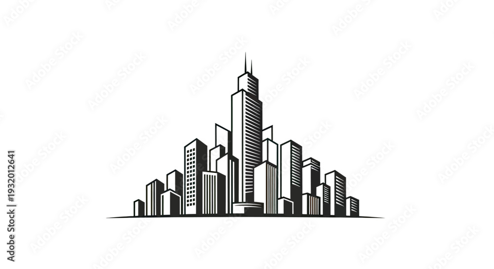 Obraz premium A stylized cityscape in black, white, and gray, with varying building heights