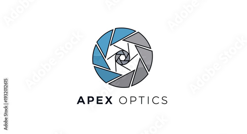 A circular logo featuring a camera aperture design. Blue and grey color scheme with text