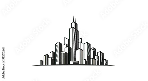 A stylized cityscape in black, white, and gray, with varying building heights