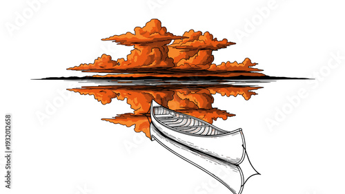 Canoe reflections at sunset with dramatic orange clouds