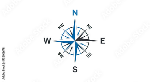 A compass rose graphic with blue and black elements indicating direction