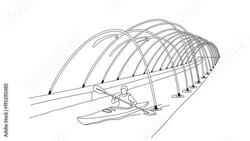 Linear artwork of man kayaking under modern bridge structure with arched design