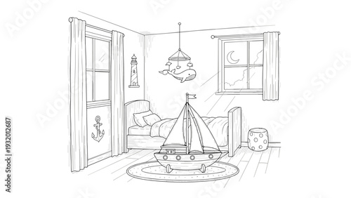 Charming nautical-inspired kids room with sailboat decor and whale theme