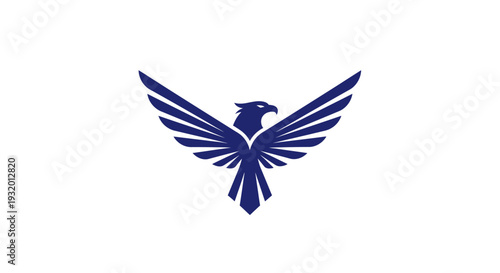 A navy blue bird of prey with outstretched wings, central against a white background