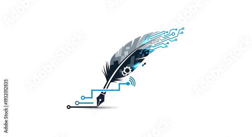 A stylized image featuring a feather, circuitry, and a pen nib on a white background