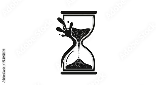 A black and white hourglass design, with an exploding splash from the upper bulb