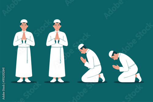 A sequence of illustrations shows a man performing the specific steps of Islamic prayer. Dressed in traditional white clothing and a cap, he moves from standing to kneeling positions.