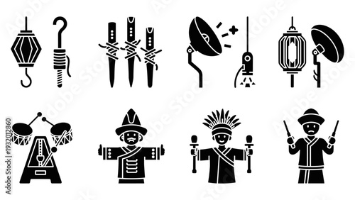 Silhouette icons of martial arts and cultural elements