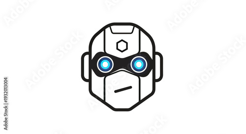 Graphic vector illustration of a robot's head with stylized features, looking forward