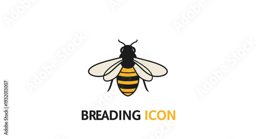 A stylized bee graphic illustration with a black and yellow body, with text below