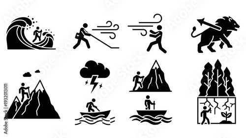 Adventure and exploration icons: hiking, sailing, and nature challenges in bold black silhouettes
