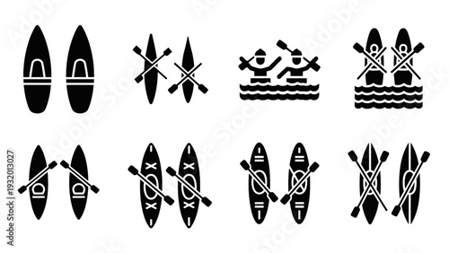 Kayaking icon set: diverse collection of canoe symbols in silhouette style