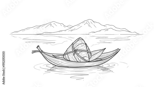 Traditional canoe with goods on calm lake with mountain view in outline art style