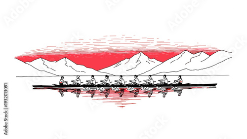 Rowing team in mountainous lake scene with minimalist linear art style
