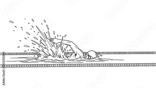 Black and white sketch of a swimmer with splashing water in a pool
