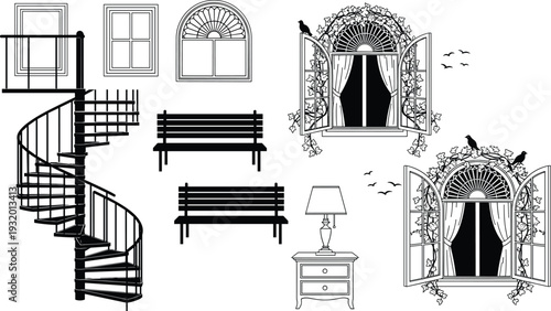 Architectural and furniture silhouettes vector illustration, spiral staircase, windows, benches, nightstand with lamp, decorative black and white design elements artwork