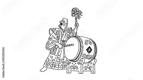 Traditional drummer in ornate attire performing on taiko drum: intricate black and white line art