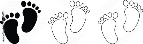 Baby footprints silhouette and outline set, newborn infant foot print icons isolated black and line vector illustration collection on white background