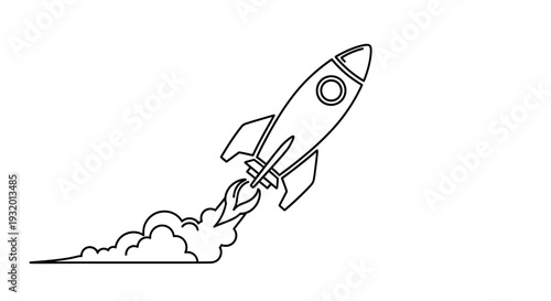 Black and white line drawing of a rocket taking off, smoke trail and contrail