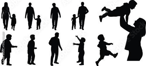 Parent and child silhouettes set, father and son walking playing lifting baby vector illustration isolated on white background for family concept