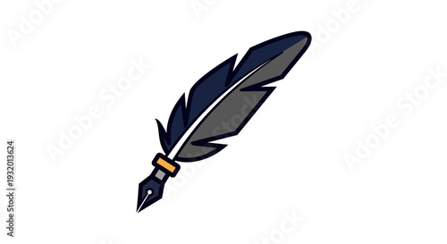 Stylized feather pen icon, with a dark blue and gray quill, against a white background